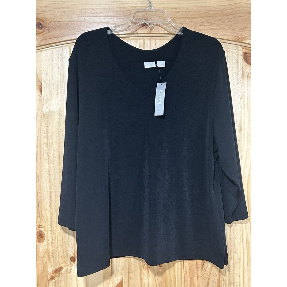 Chicos Travelers Women’s Black Tunic Top Crystal V Neck 3/4 Sleeves Size 16/18